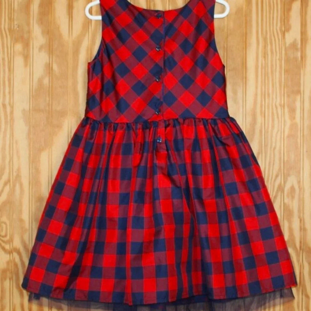 🎀 Cat & Jack Red & Navy Plaid Dress w/ Satin Sash – Size S (6/6X)